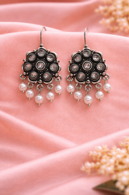 Pearl Cluster Silver Drops Earrings