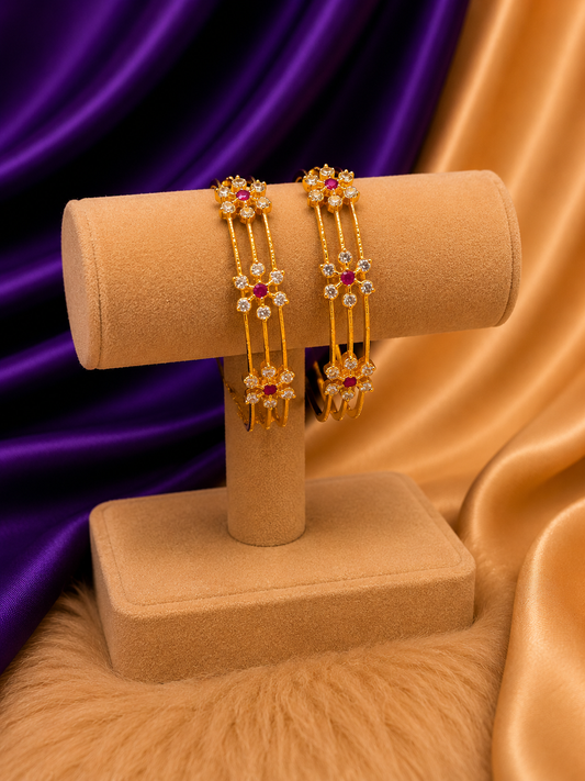 Gold CZ Ruby Floral Bar Bangle Set