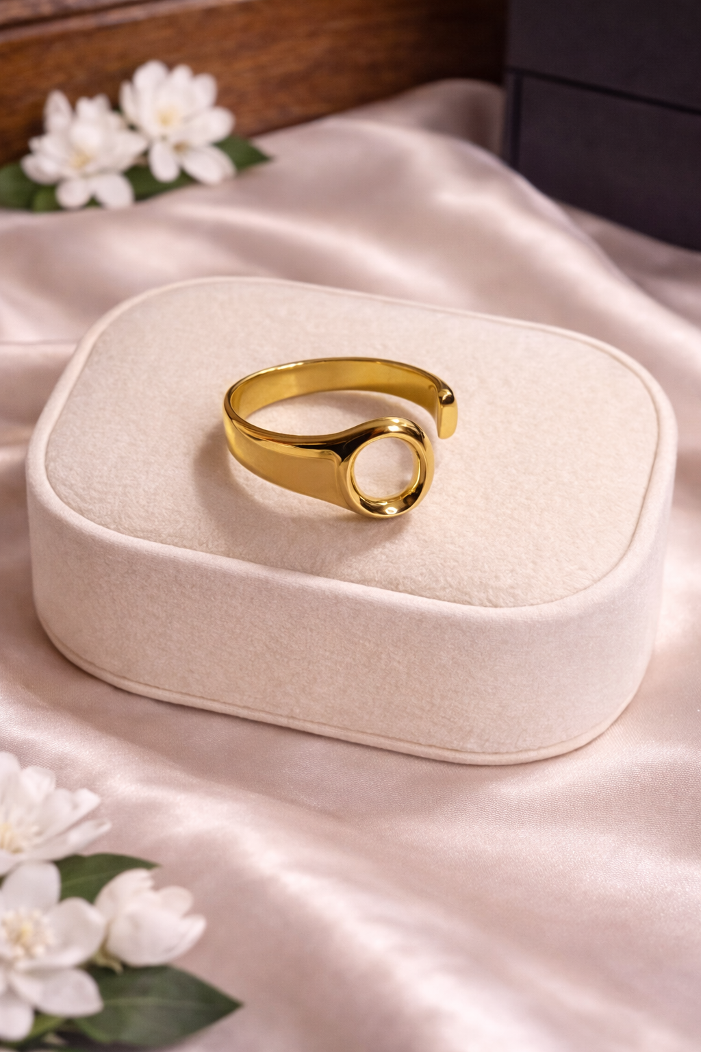 Gold Adjustable Moonstone Cabochon Open Band Ring