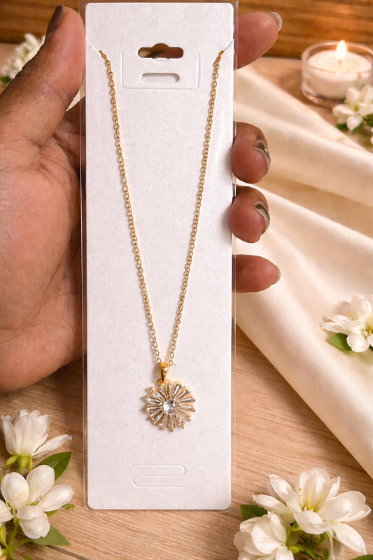 Gold Baguette Crystal Sunburst Pendant Necklace