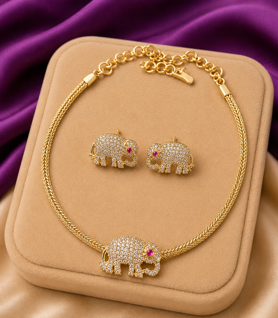 Gold Elephant CZ Pendant Necklace & Earring Set