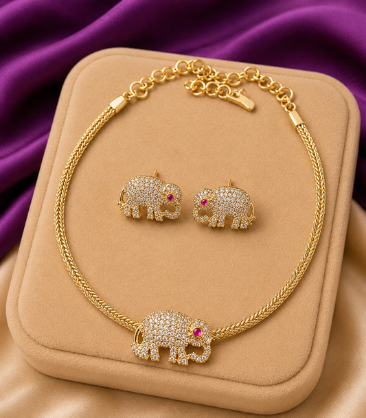 Gold Elephant CZ Pendant Necklace & Earring Set