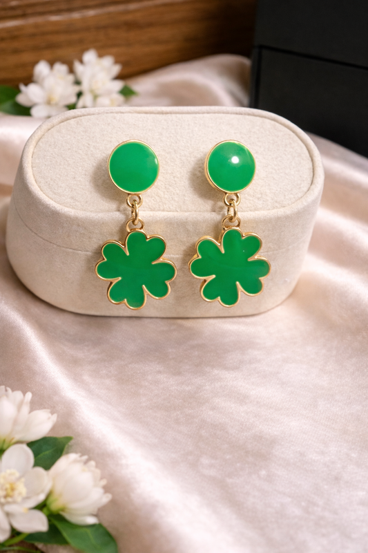 Gold Green Enamel Clover Drop Earrings