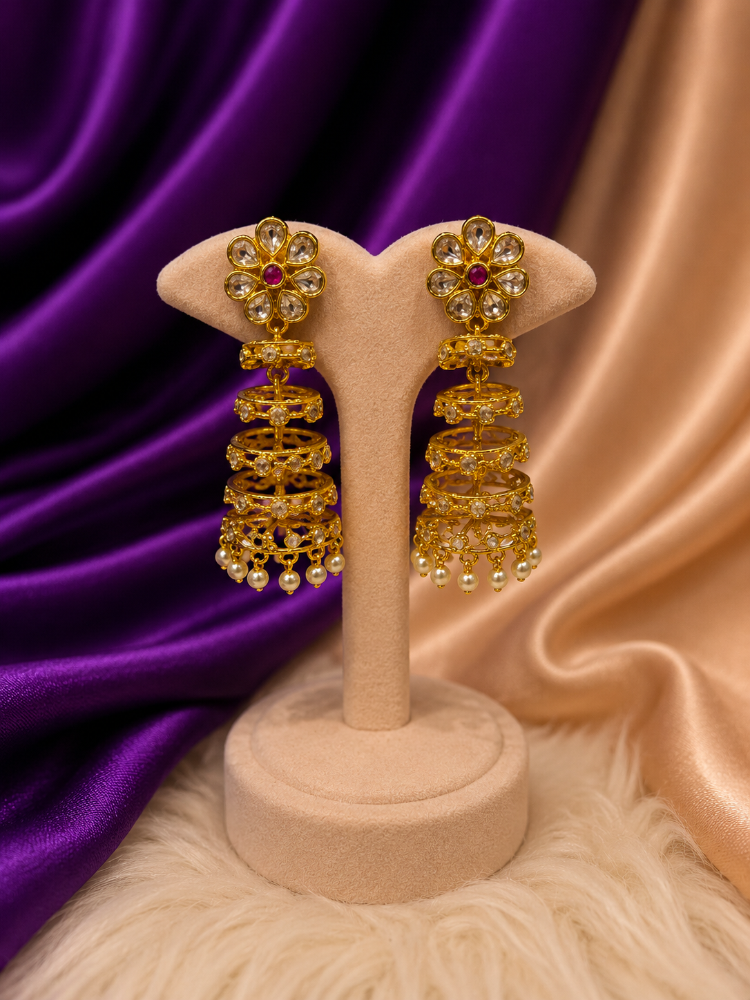 Gold Kundan Jhumka Earrings with Pearl Drops