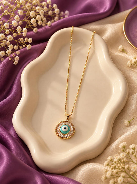 Turquoise Evil Eye Halo Pendant Necklace – Gold Tone