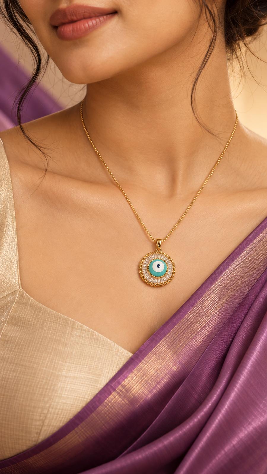 Turquoise Evil Eye Halo Pendant Necklace – Gold Tone