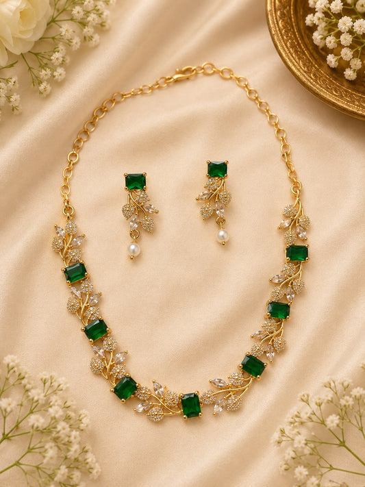 Emerald Green CZ Floral Necklace Set with Drop Earrings – Gold Tone