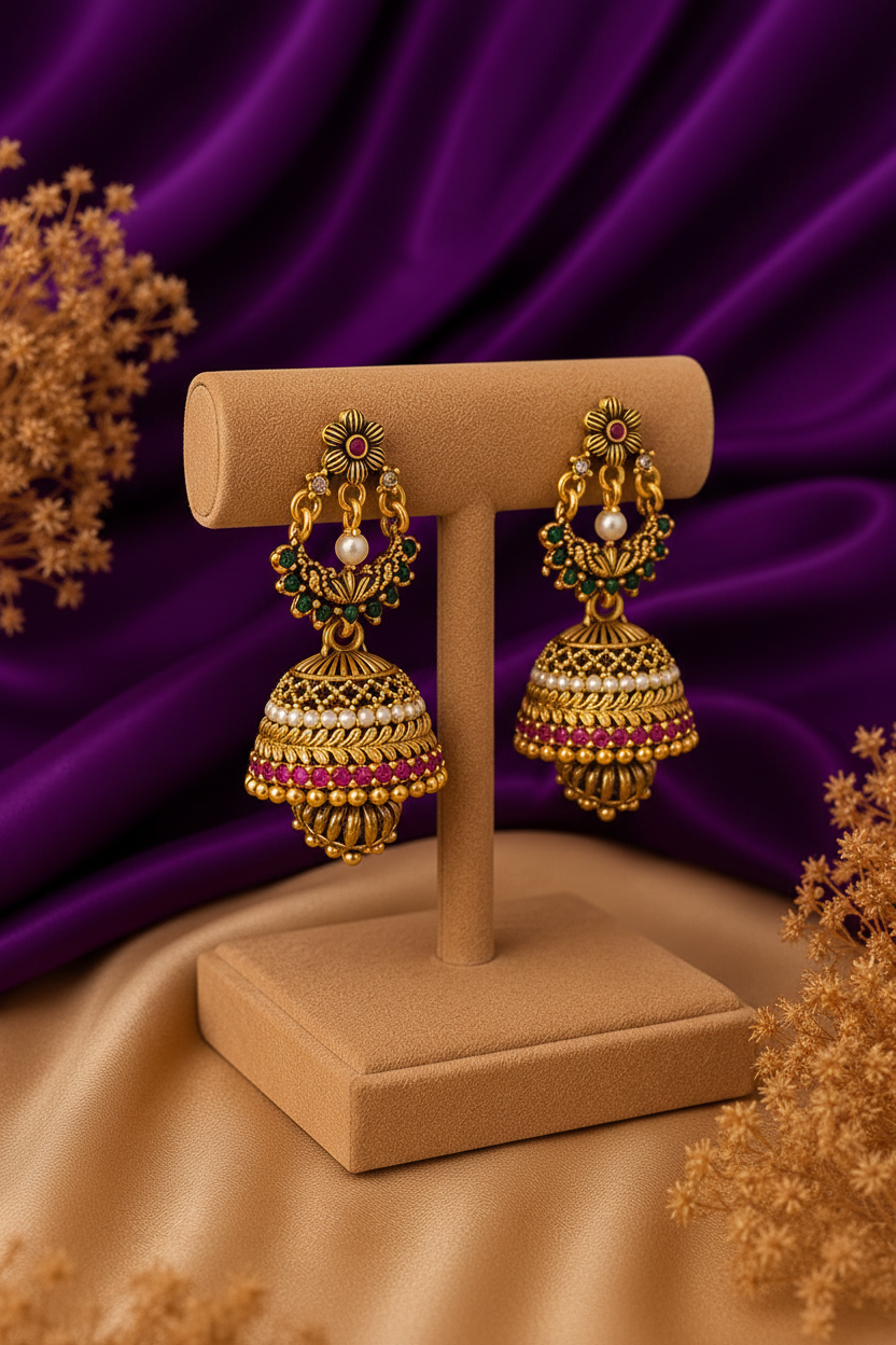 Antique gold layered pearl and ruby jhumka earrings side angle view showing three-tier dome detail
