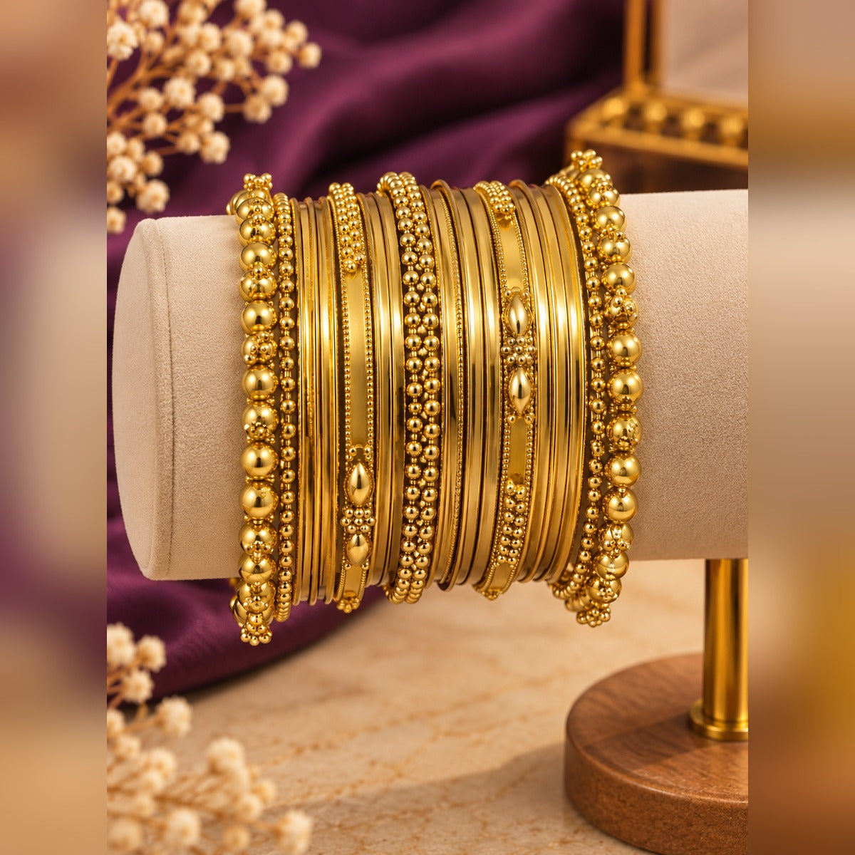 Gold bangle stack set in mixed beaded, plain and marquise-patterned designs, size 2.10, on a display stand