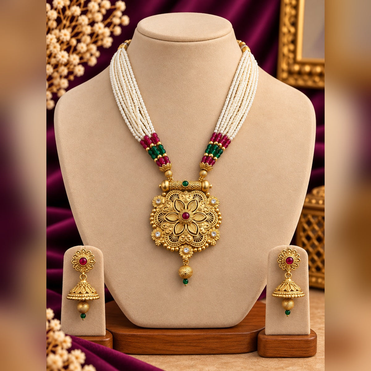 Gold bridal necklace with pearl strands, ruby and green beads and floral pendant, plus matching jhumka earrings, on a display bust