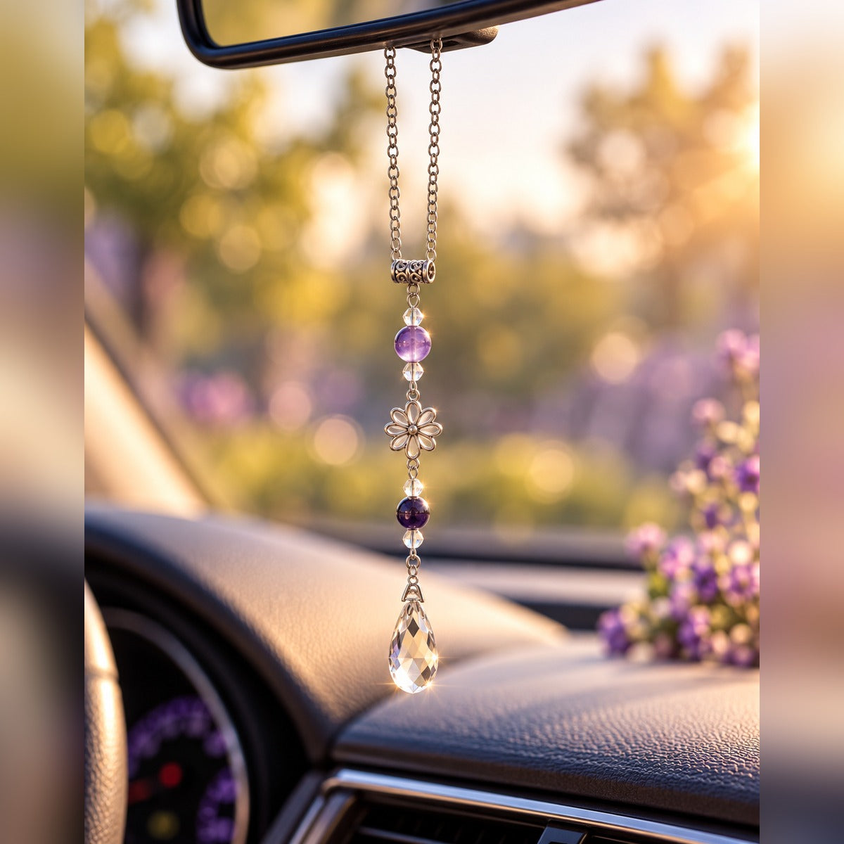 Amethyst crystal car charm with deep purple beads, silver flower charm and clear teardrop crystal, hanging from a rearview mirror