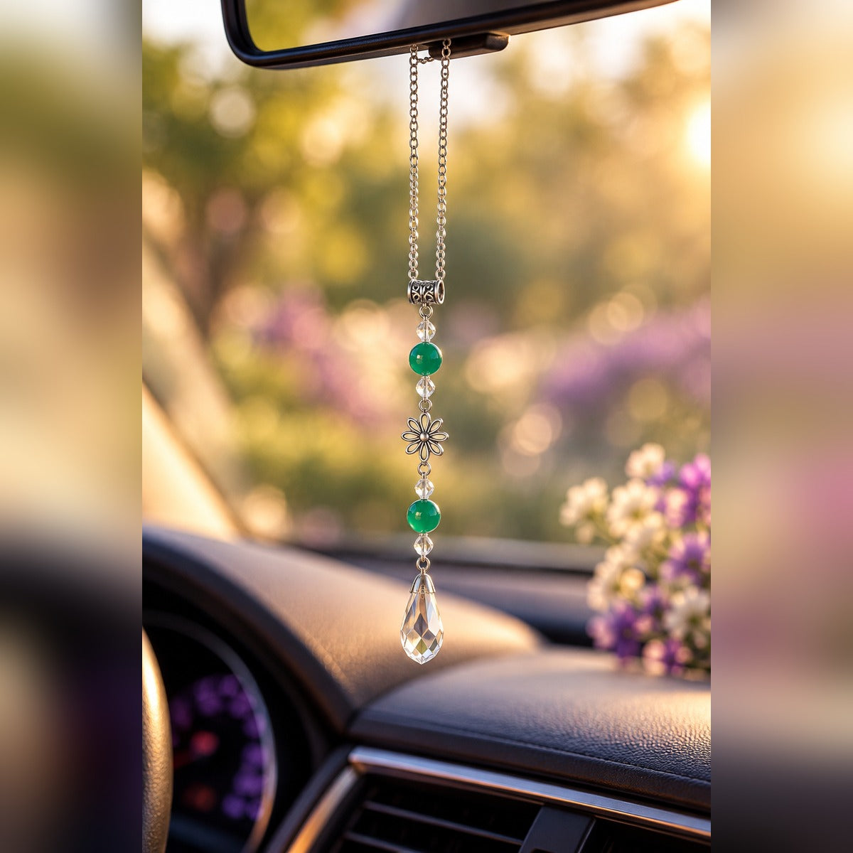 Green crystal car charm with vivid green beads, silver flower charm and clear teardrop crystal, hanging from a rearview mirror