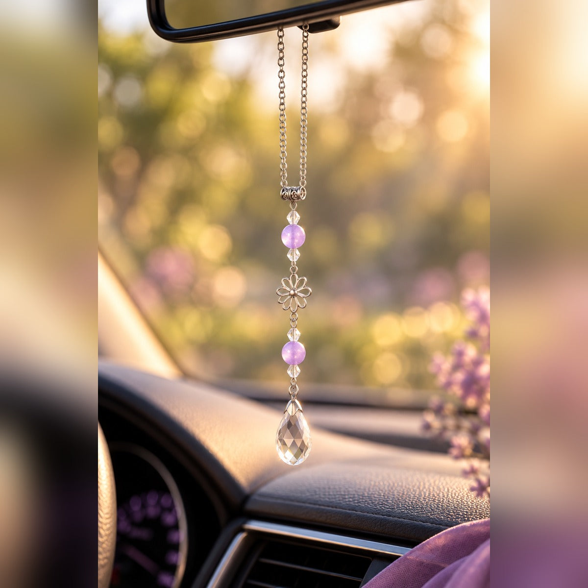 Lavender crystal car charm with soft lavender beads, silver flower charm and clear teardrop crystal, hanging from a rearview mirror