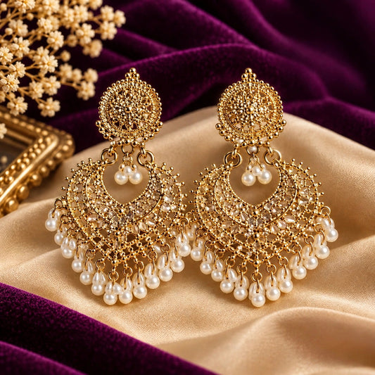 Gold Pearl Chandelier Earrings