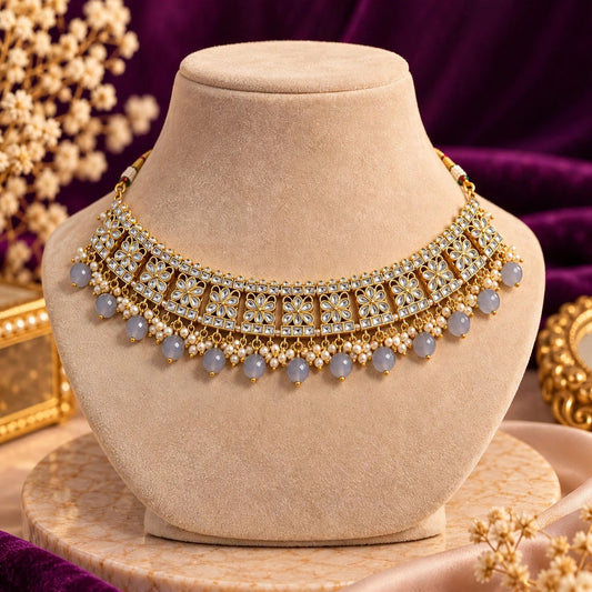 Gold Kundan Choker with Grey Bead Drops