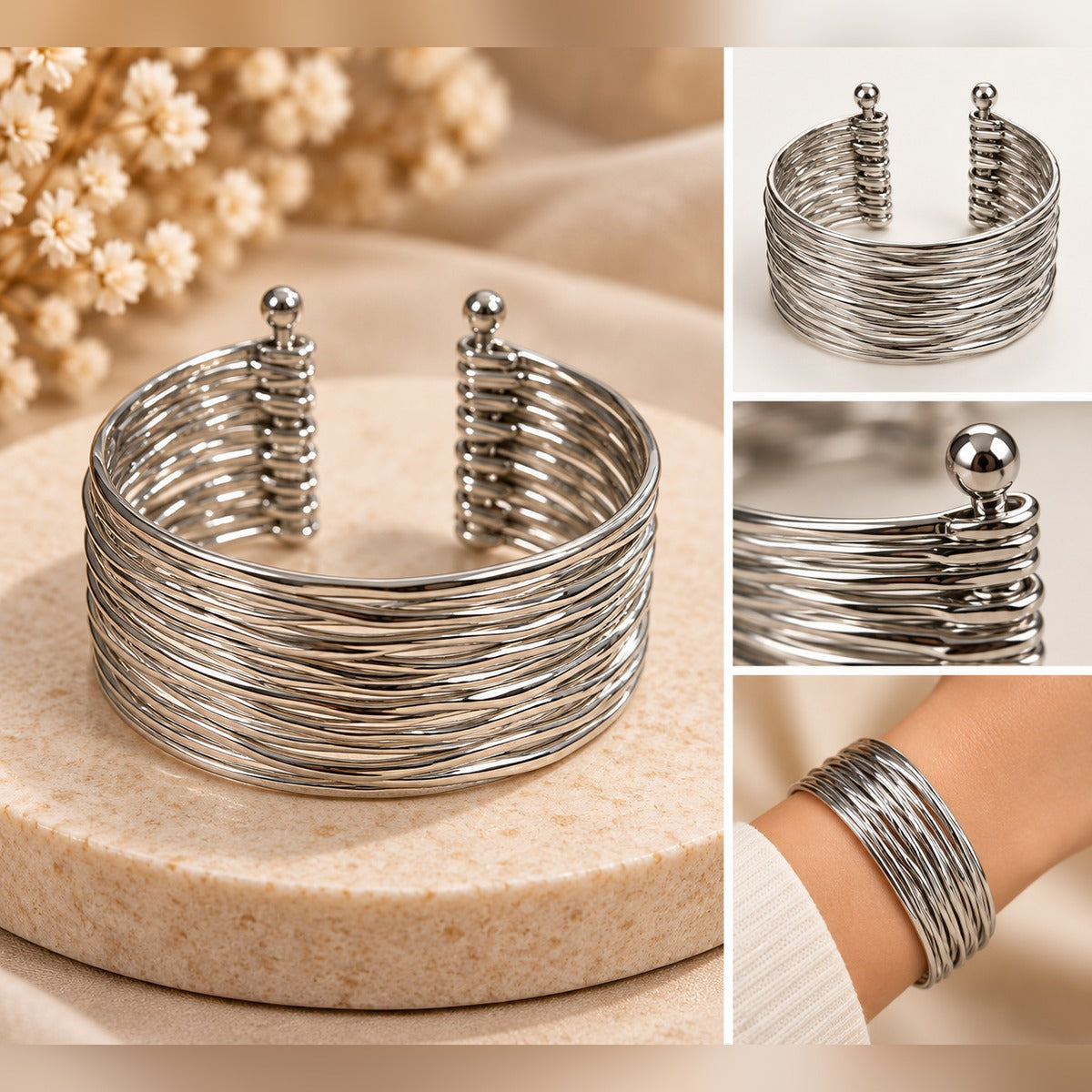 Layered silver wire cuff bracelet with ball ends