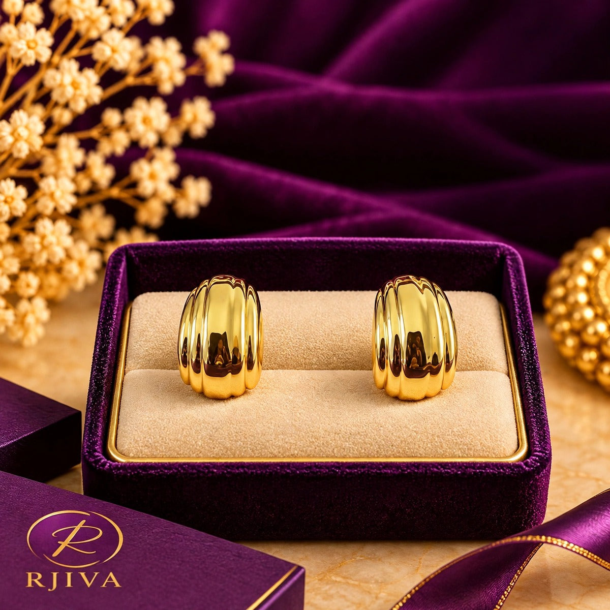 Gold Ribbed Dome Earrings