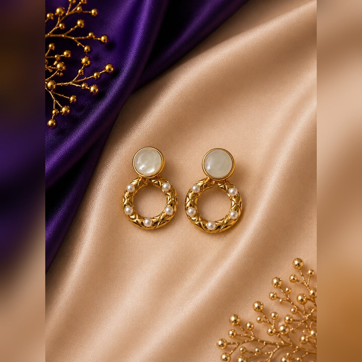 Mother-of-pearl top earrings with pearl-studded textured hoop drops