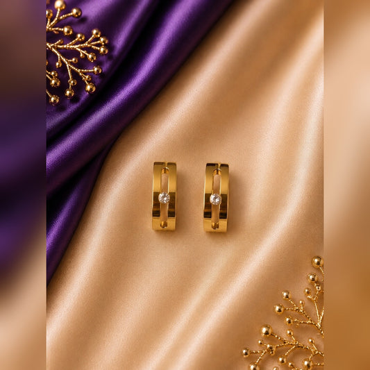 Gold rectangular bar hoop earrings with a single clear crystal, anti-tarnish