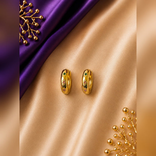 Gold dome hoop earrings with star-shaped green and pink stones, anti-tarnish