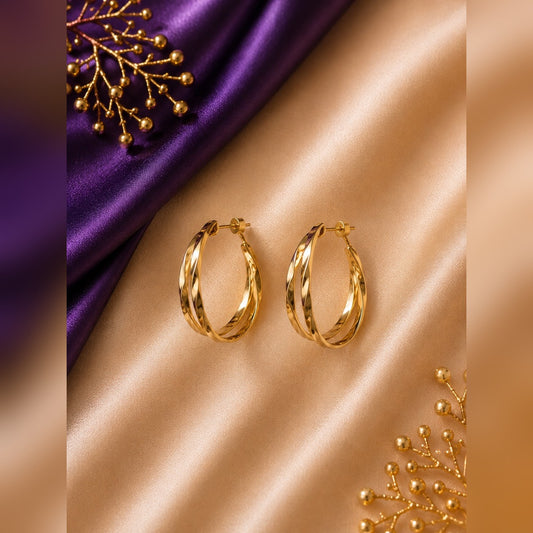 Gold twisted double-band oval hoop earrings, anti-tarnish