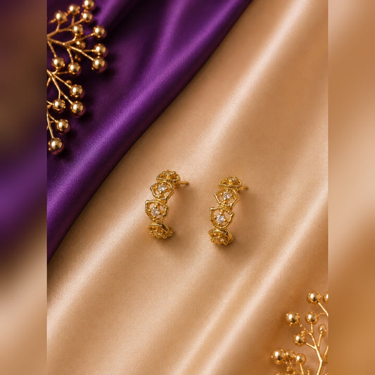 Gold filigree curved hoop stud earrings with three crystal stations, anti-tarnish