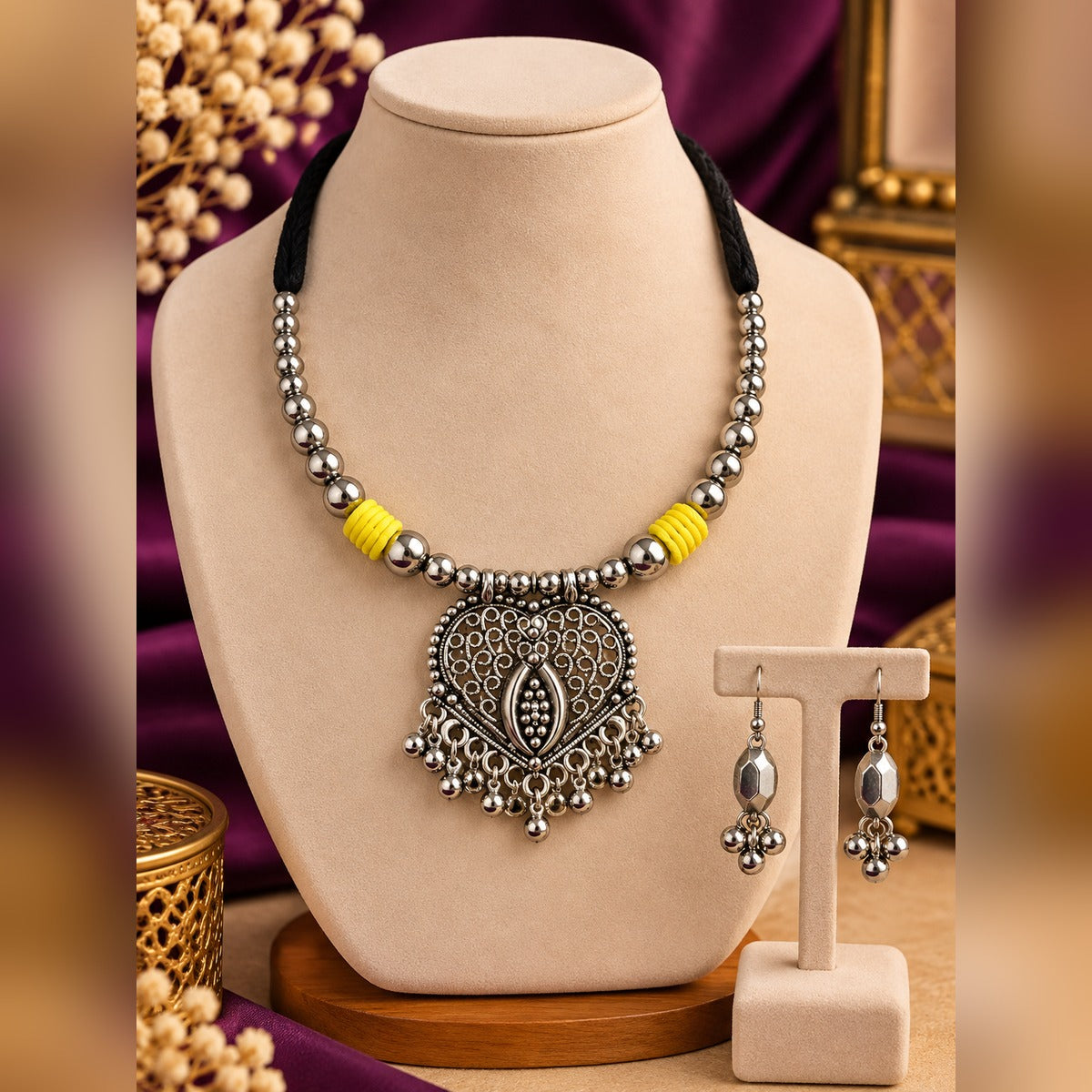 Oxidized silver heart filigree pendant necklace with yellow accents and ball drops, plus matching drop earrings, on a display bust