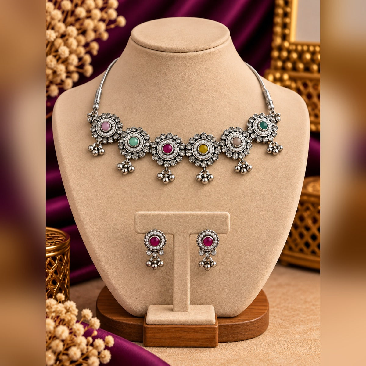 Silver choker with floral medallions and multicolour centre stones, plus matching earrings, on a display bust