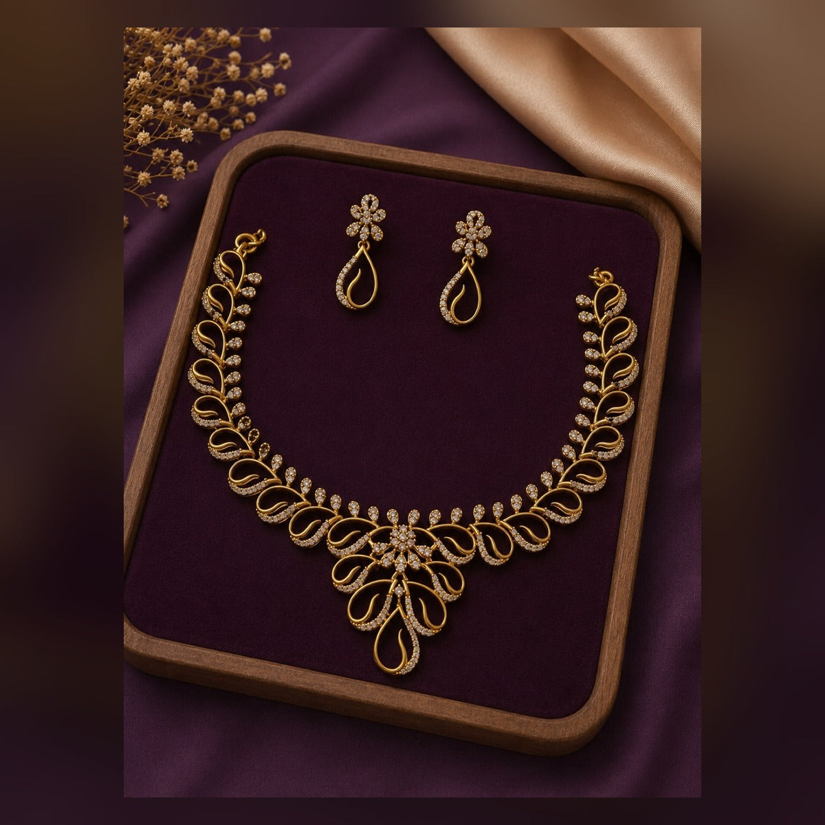 Gold CZ Leaf Motif Necklace & Earring Set