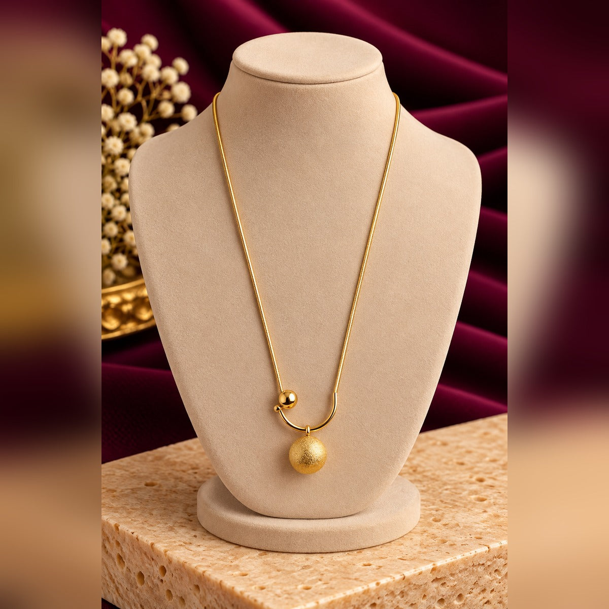 Gold Textured Ball Pendant Necklace