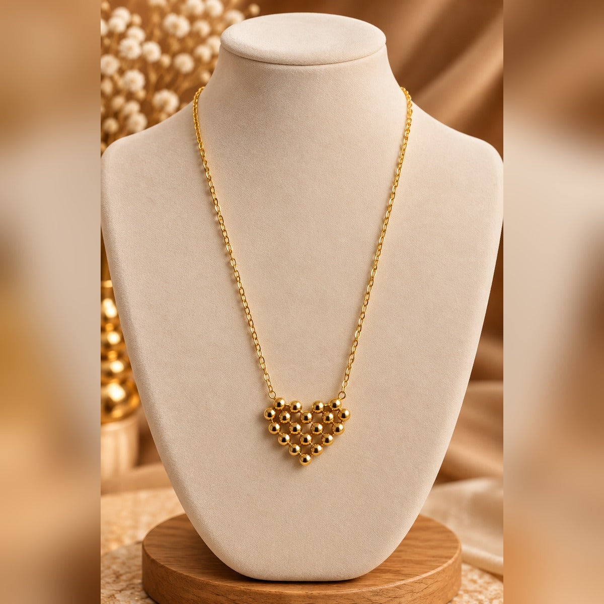 Gold Beaded Heart Pendant Necklace