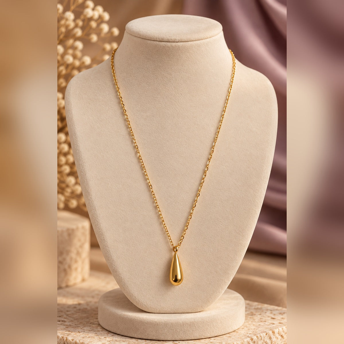 Gold Elongated Teardrop Pendant Necklace