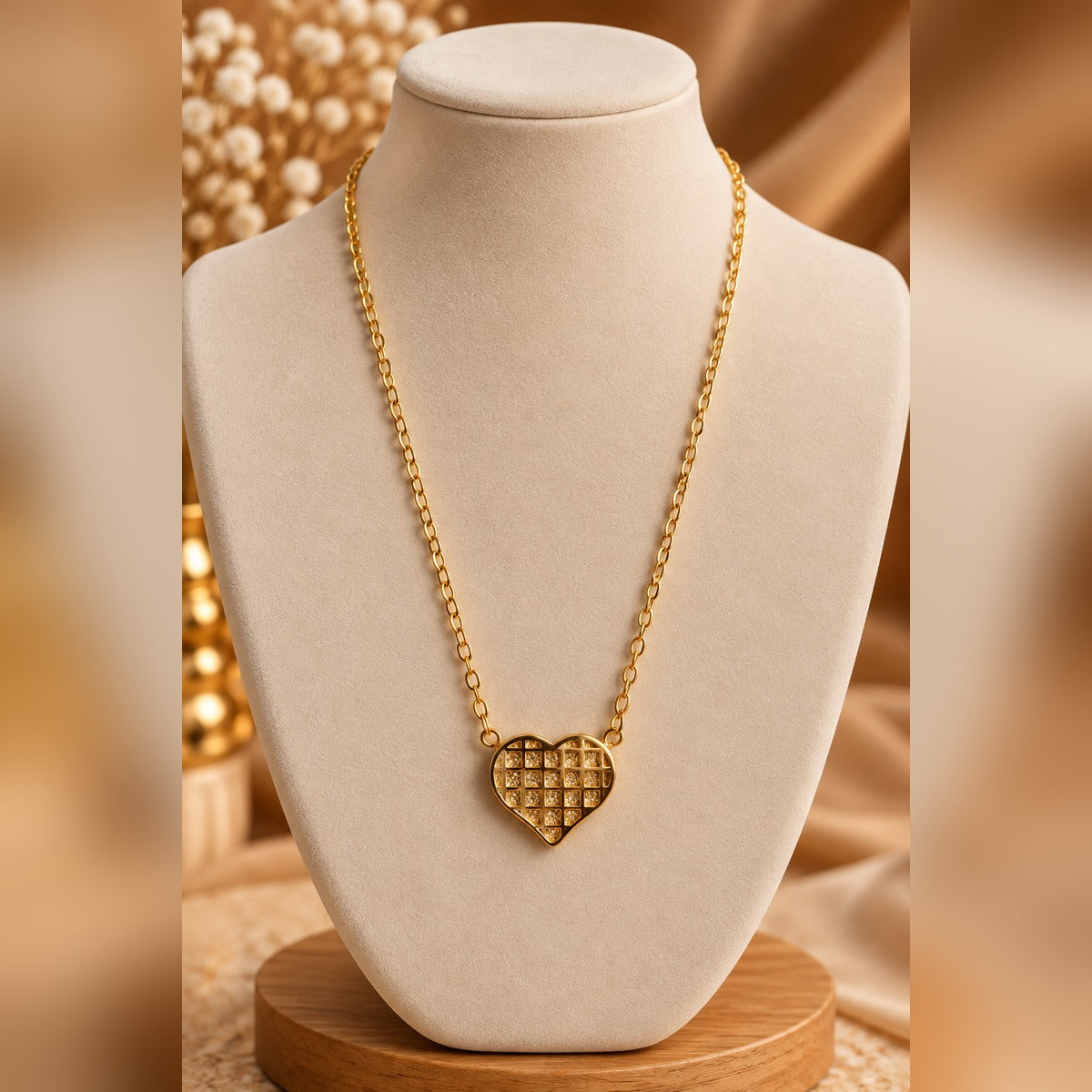 Gold Quilted Heart Pendant Necklace