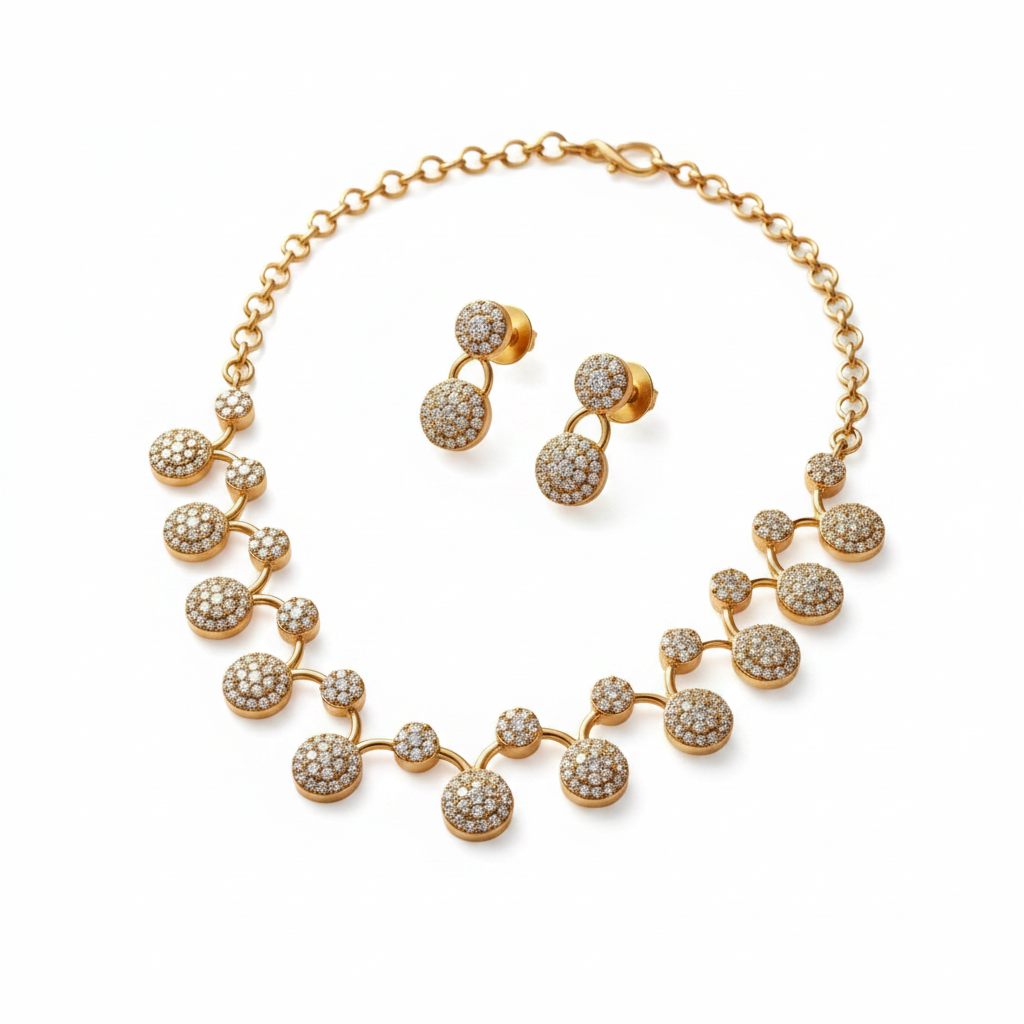 Gold pavé disc necklace set studio product photography
