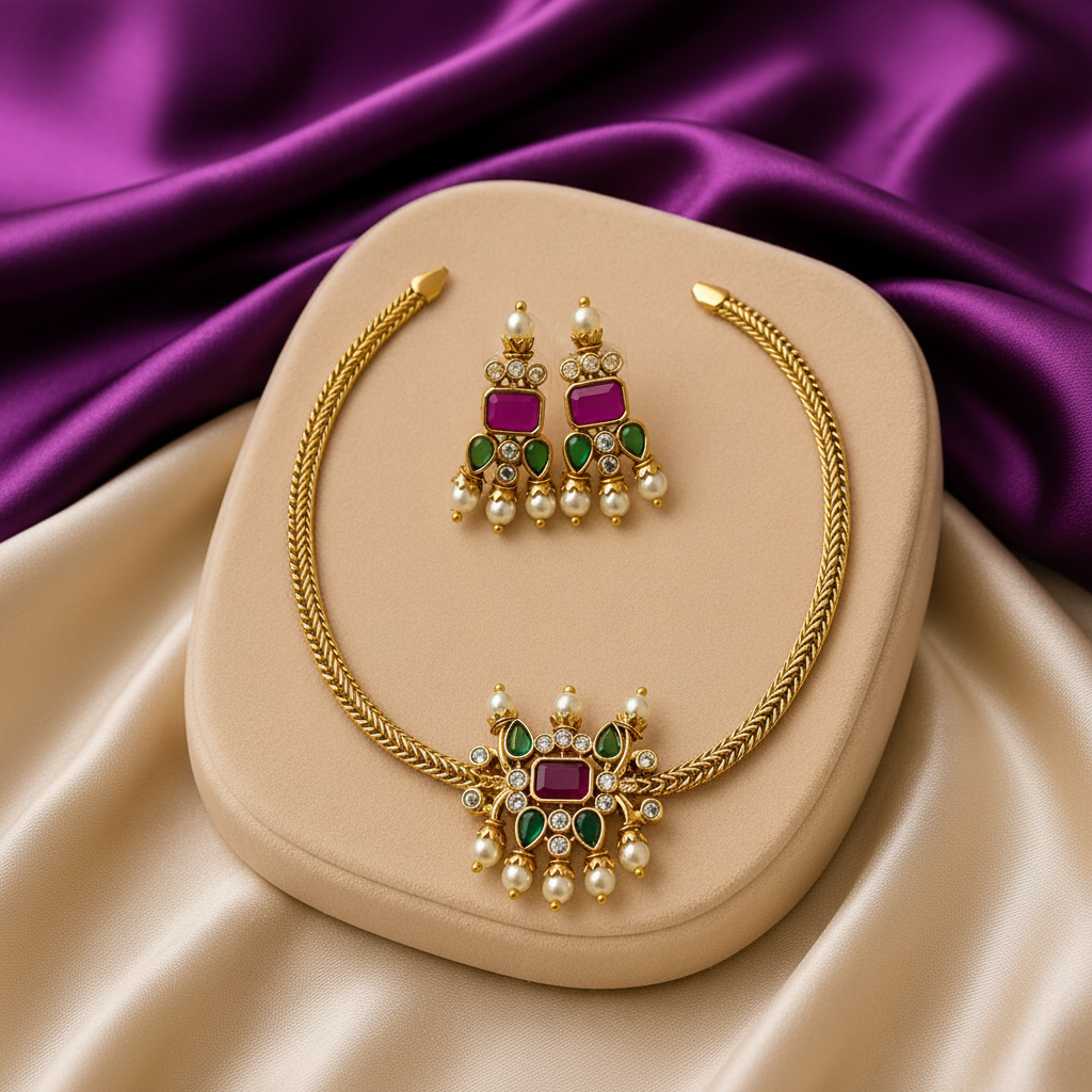 Gold Wheat Chain Ruby Emerald Pearl Necklace Set on white background