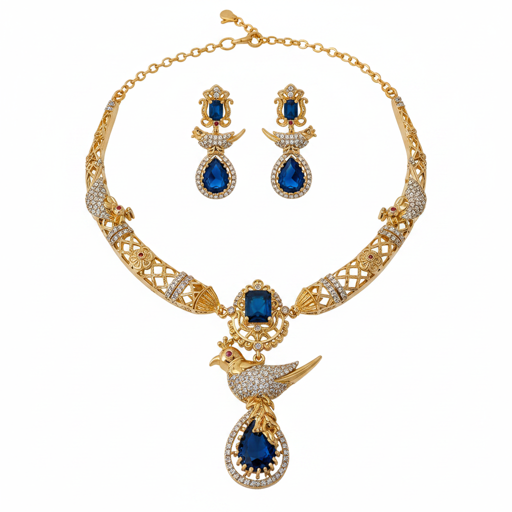 Gold peacock sapphire blue crystal pave necklace and earring set on pure white background studio photography