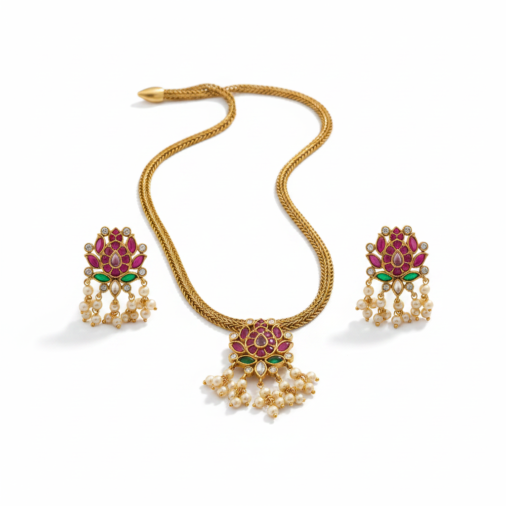 Gold lotus pendant ruby emerald pearl necklace and earring set on white background