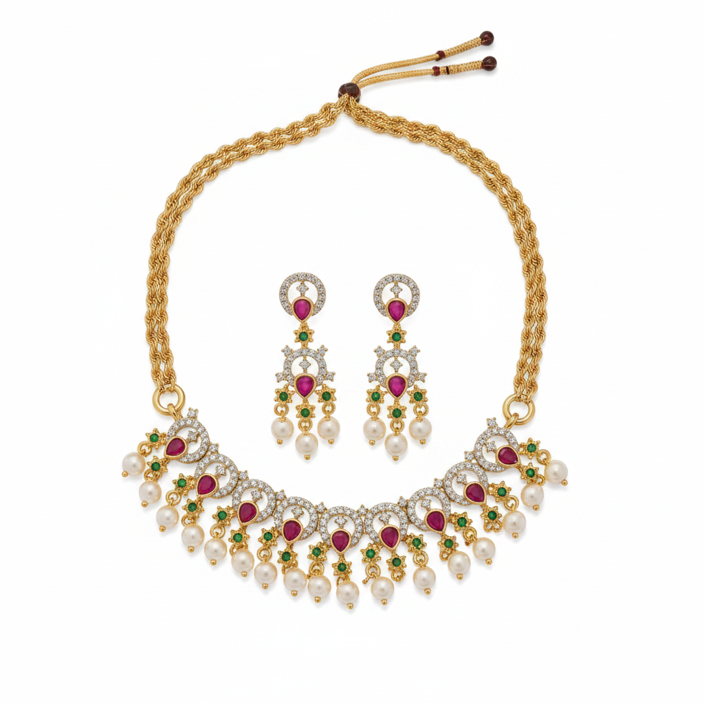 Gold ruby emerald pearl drop chandelier necklace and earring set on white background