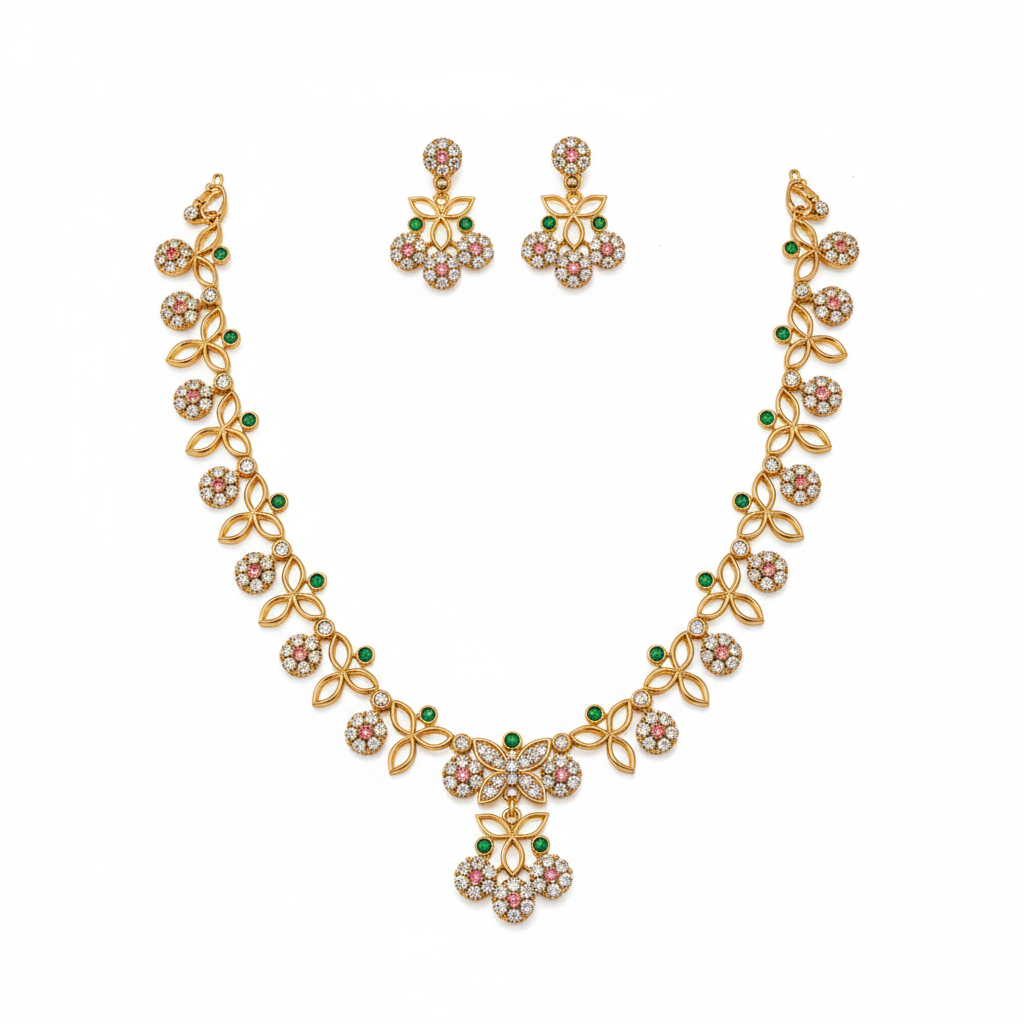 Gold open marquise leaf crystal pave flower necklace and earring set with emerald accents on pure white background