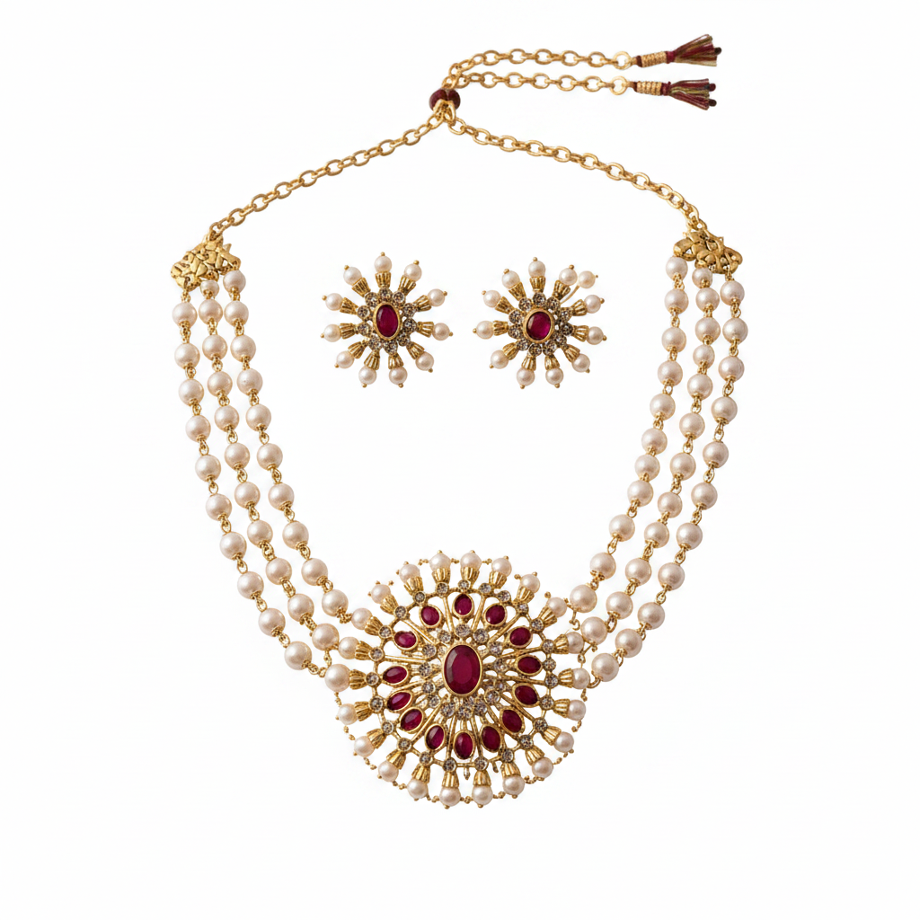 Triple strand pearl necklace with gold ruby sunburst pendant and earring set on pure white background studio photography