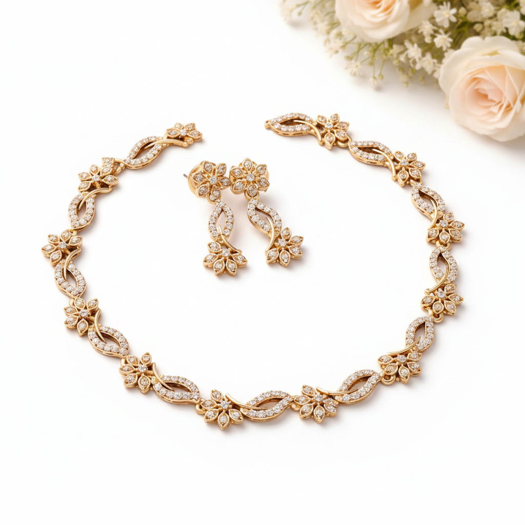 Gold diamond floral necklace set studio product photography white background