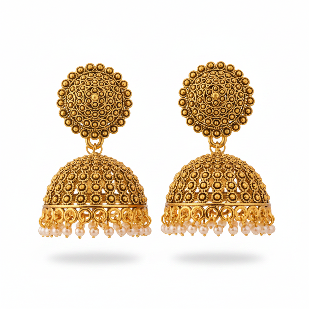 Antique gold granulation disc jhumka earrings with pearl fringe on pure white background studio photography