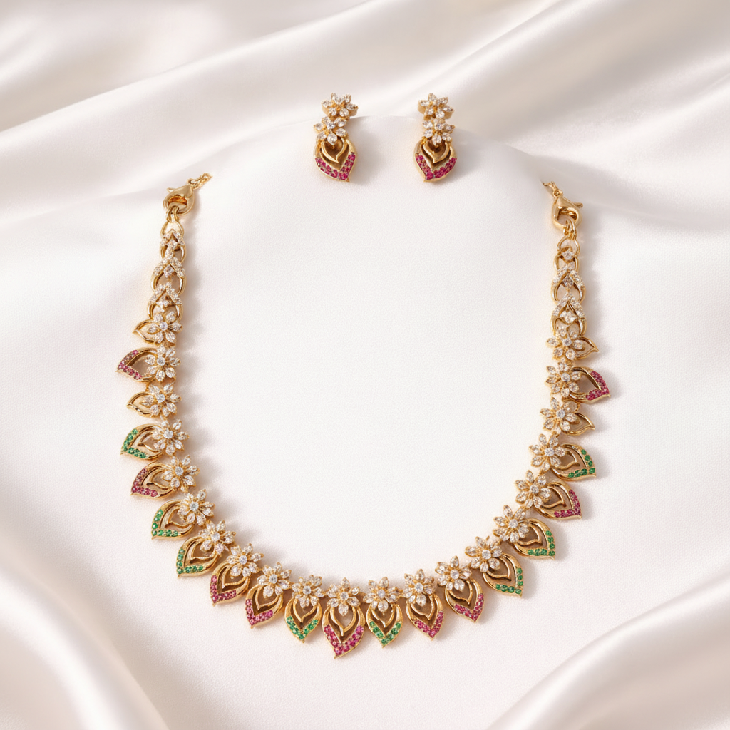 Gold ruby emerald floral leaf collar necklace set studio product photography white background