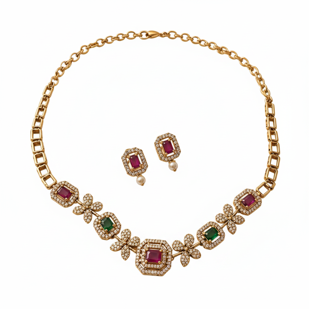 Gold geometric square ruby emerald crystal pave necklace and earring set on pure white background studio photography