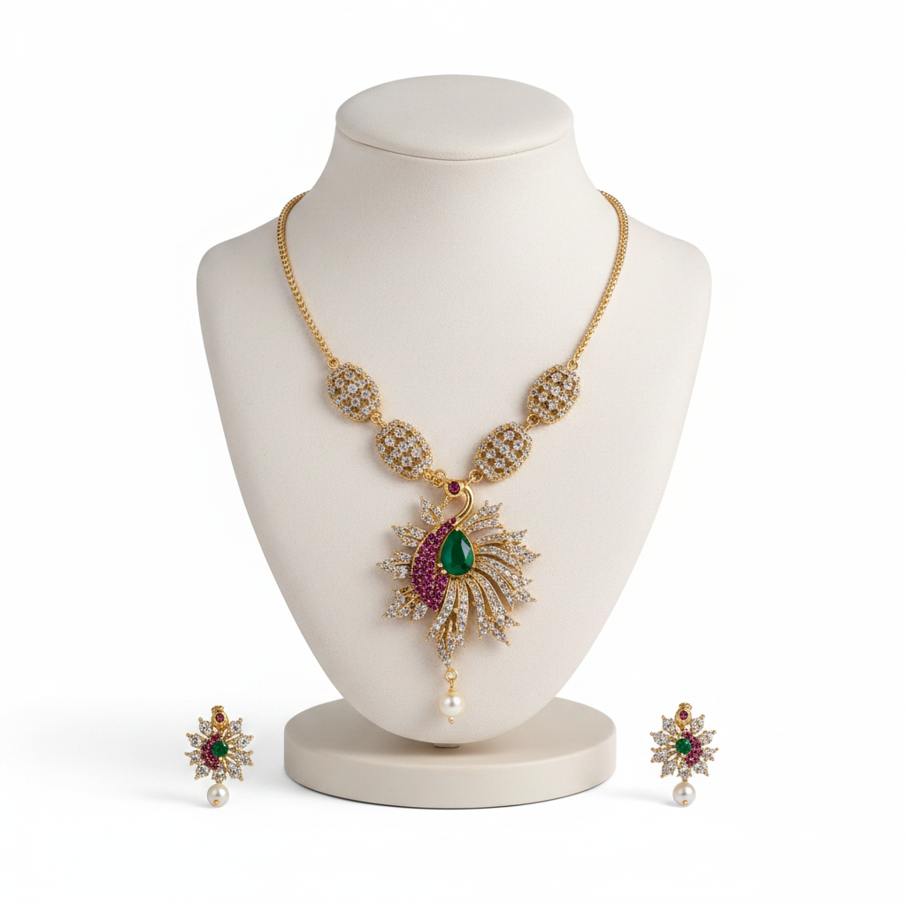 Gold peacock pendant necklace set with emerald and ruby stones studio product photography