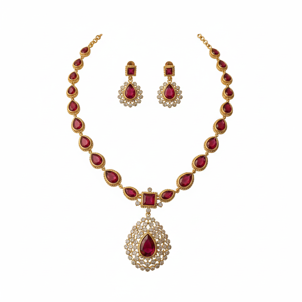Gold ruby teardrop crystal pave necklace and earring set on pure white background studio photography