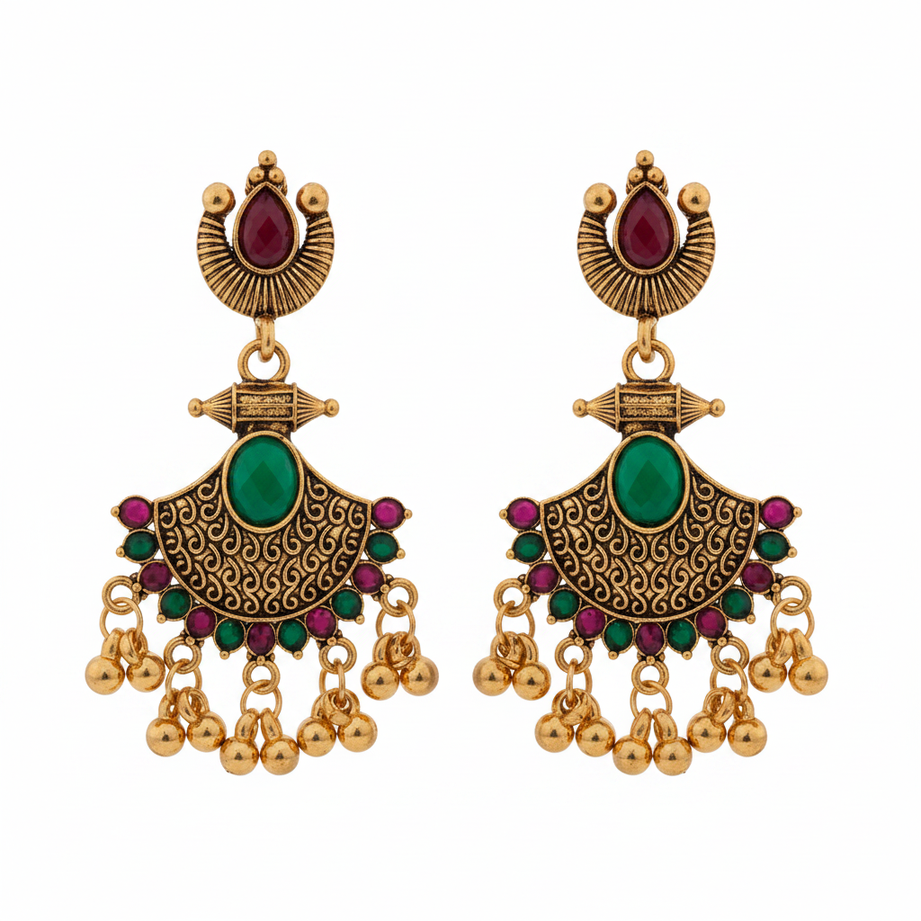 Antique gold chandbali fan earrings with emerald ruby ghungroo drops on pure white background studio photography