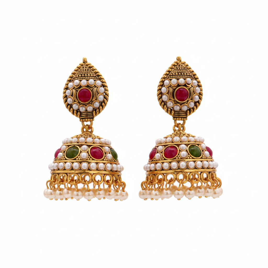 Antique gold polki jhumka earrings with ruby and olive green stones on pure white background studio photography