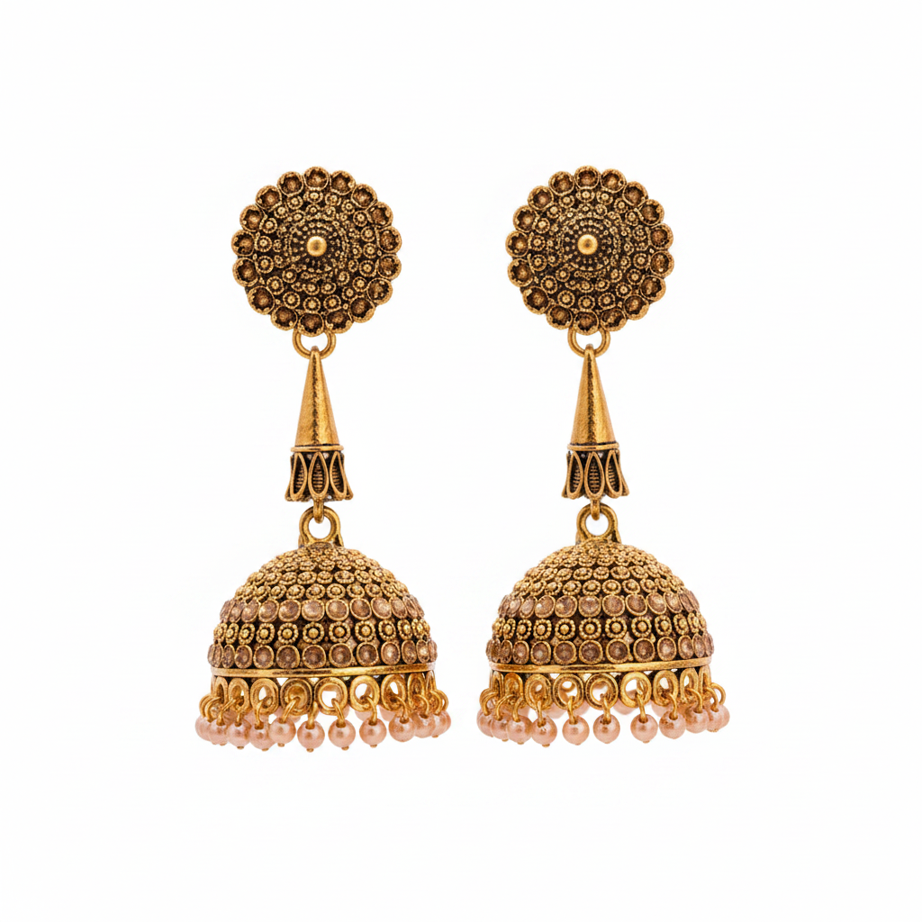 Antique gold floral disc cone jhumka earrings with rose gold pearl drops on pure white background