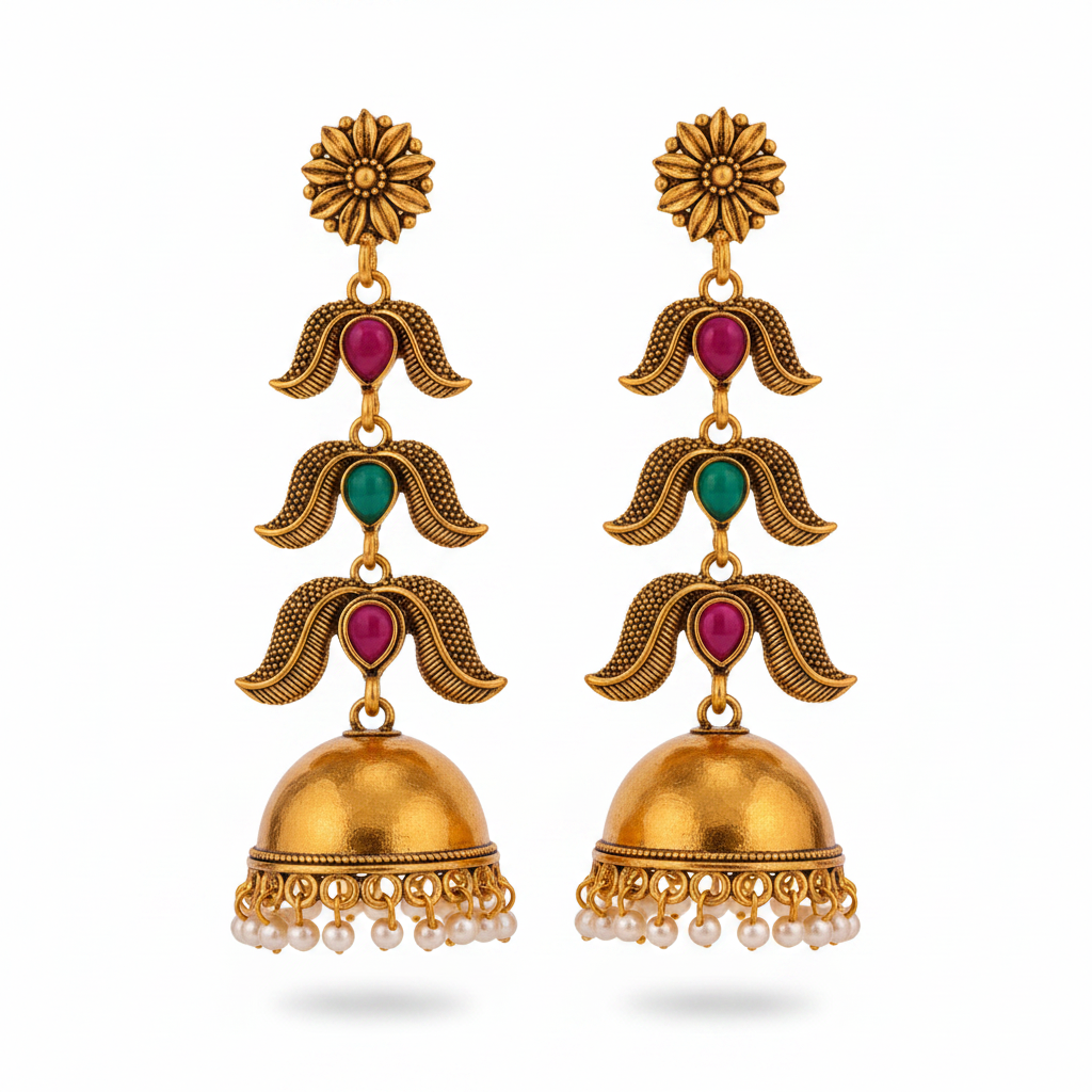 Antique gold temple wing jhumka earrings with ruby emerald on pure white background studio photography